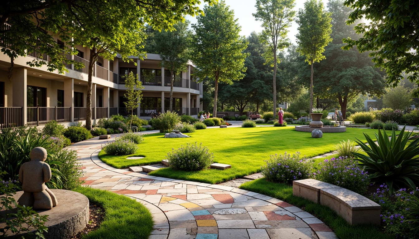 Prompt: Vibrant meadow, eclectic garden design, mixed botanical species, curved pathways, ornate iron gates, colorful mosaic tiles, rustic wooden benches, whimsical sculptures, natural stone walls, playful water features, sunny afternoon, warm soft lighting, shallow depth of field, 1/2 composition, wide-angle lens, realistic textures, ambient occlusion.