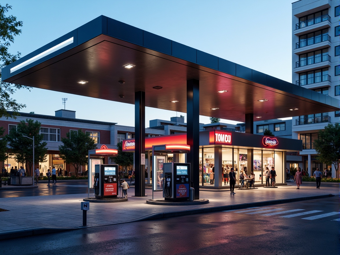 Prompt: Modern gas station, sleek metal canopy, minimalist architecture, clean lines, bold typography, vibrant neon signs, LED lighting, futuristic fuel pumps, stainless steel accents, glass fa\u00e7ade, industrial chic aesthetic, urban cityscape, busy streets, morning sunlight, shallow depth of field, 1/1 composition, realistic reflections, ambient occlusion.