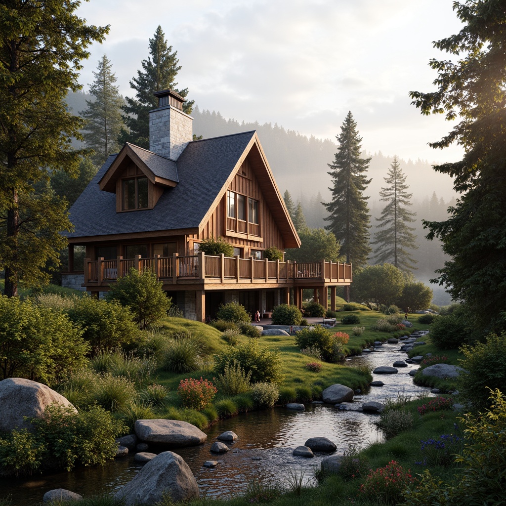 Prompt: Rustic mountain lodge, eclectic architectural style, steeply pitched roofs, wooden accents, stone chimneys, lush greenery, wildflowers, meandering pathways, natural rock formations, tranquil water features, serene forest surroundings, misty atmosphere, warm golden lighting, soft focus, 1/1 composition, intimate framing, realistic textures, subtle color grading.