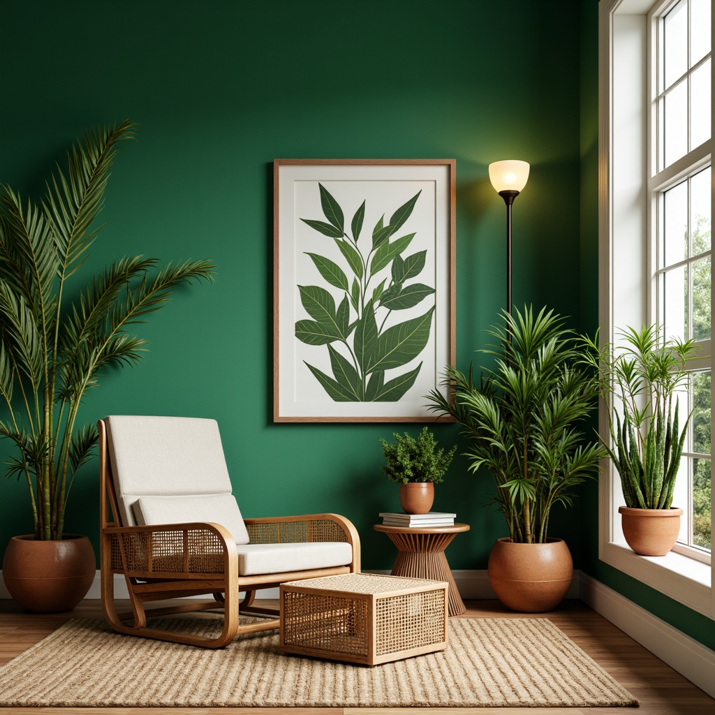 Prompt: Vibrant green walls, lush indoor plants, natural wood accents, earthy terracotta pots, woven rattan furniture, organic textures, soft warm lighting, cozy reading nook, calming ambiance, refreshing atmosphere, tranquil retreat, botanical prints, nature-inspired artwork, soothing color palette, harmonious decor, serene ambiance, peaceful oasis.