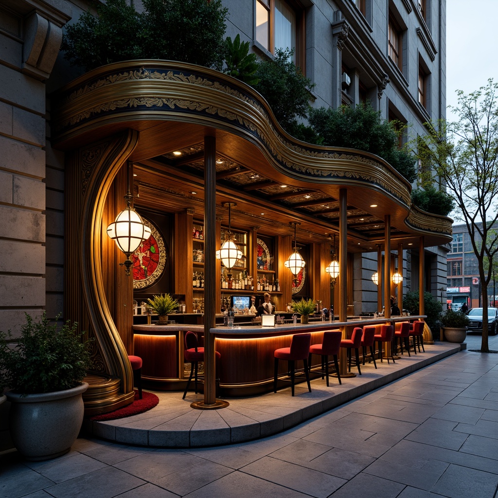 Prompt: Ornate bar facade, curved lines, flowing organic forms, intricate metalwork, ornamental lanterns, stained glass windows, rich wood tones, velvety textiles, luxurious upholstery, golden accents, soft warm lighting, shallow depth of field, 3/4 composition, panoramic view, realistic textures, ambient occlusion, historic building renovation, urban cityscape, busy street scene, evening atmosphere, subtle misting effects.