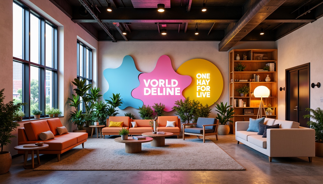 Prompt: Vibrant design studio, modern color scheme, bold typography, abstract shapes, eclectic furniture, wooden accents, pastel hues, neon lights, trendy decor, urban loft atmosphere, natural textiles, industrial materials, warm ambient lighting, shallow depth of field, 1/1 composition, realistic renderings, subtle gradient effects.