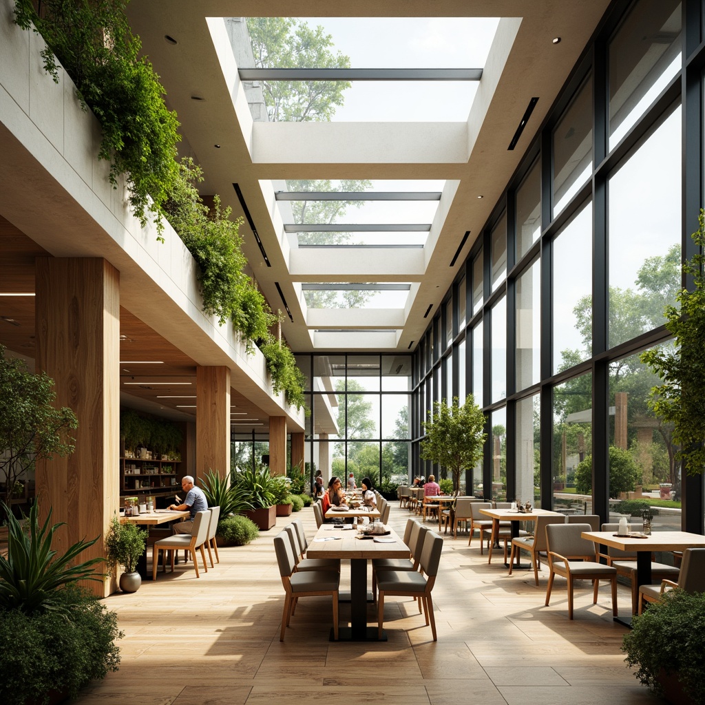 Prompt: Spacious dining hall, high ceilings, large windows, natural light pouring in, wooden floors, minimalist decor, green walls, living plants, warm atmosphere, soft diffused lighting, shallow depth of field, 1/2 composition, realistic textures, ambient occlusion, modern architecture, sustainable design, eco-friendly materials, energy-efficient solutions, clerestory windows, skylights, light-colored furniture, airy feel, comfortable seating, relaxed ambiance.