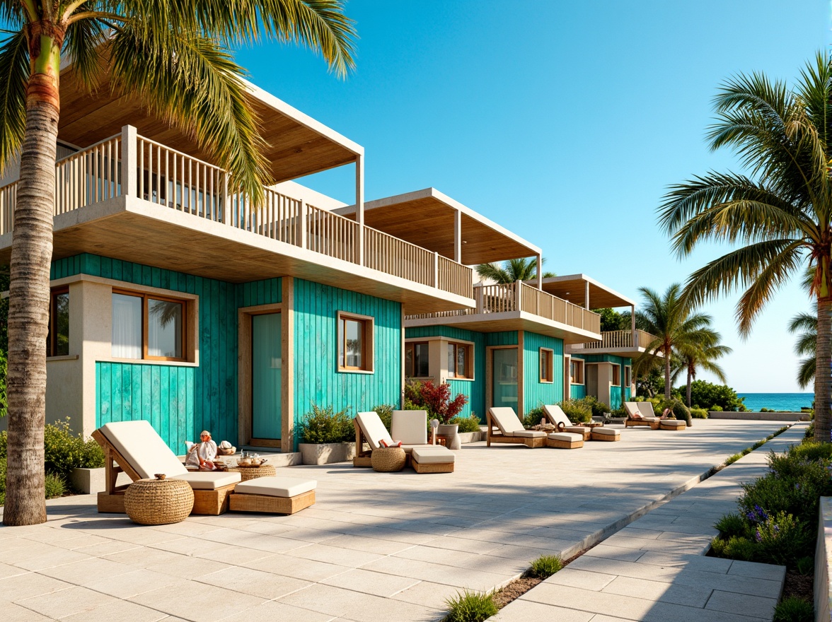 Prompt: Vibrant beachside villas, turquoise accents, coral-inspired hues, driftwood textures, ocean-breeze weathered walls, seaside resort architecture, large glass windows, sliding doors, coastal-themed decor, nautical ropes, seashell patterns, sandy walkways, palm tree silhouettes, warm sunny day, soft golden lighting, shallow depth of field, 1/2 composition, symmetrical framing, realistic water effects, ambient ocean sounds.