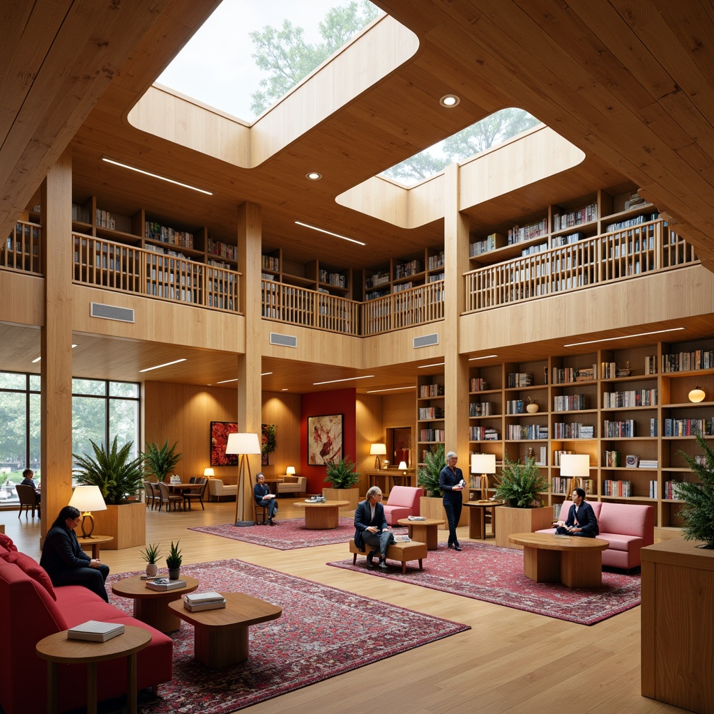 Prompt: Vibrant library interior, rich wood tones, warm beige walls, comfortable reading nooks, bold colorful accents, geometric bookshelves, modern minimalist architecture, natural light pouring through clerestory windows, soft warm glow of table lamps, plush area rugs, eclectic mix of seating styles, abstract art pieces, statement lighting fixtures, calm atmosphere, 1/1 composition, shallow depth of field, realistic textures, ambient occlusion.