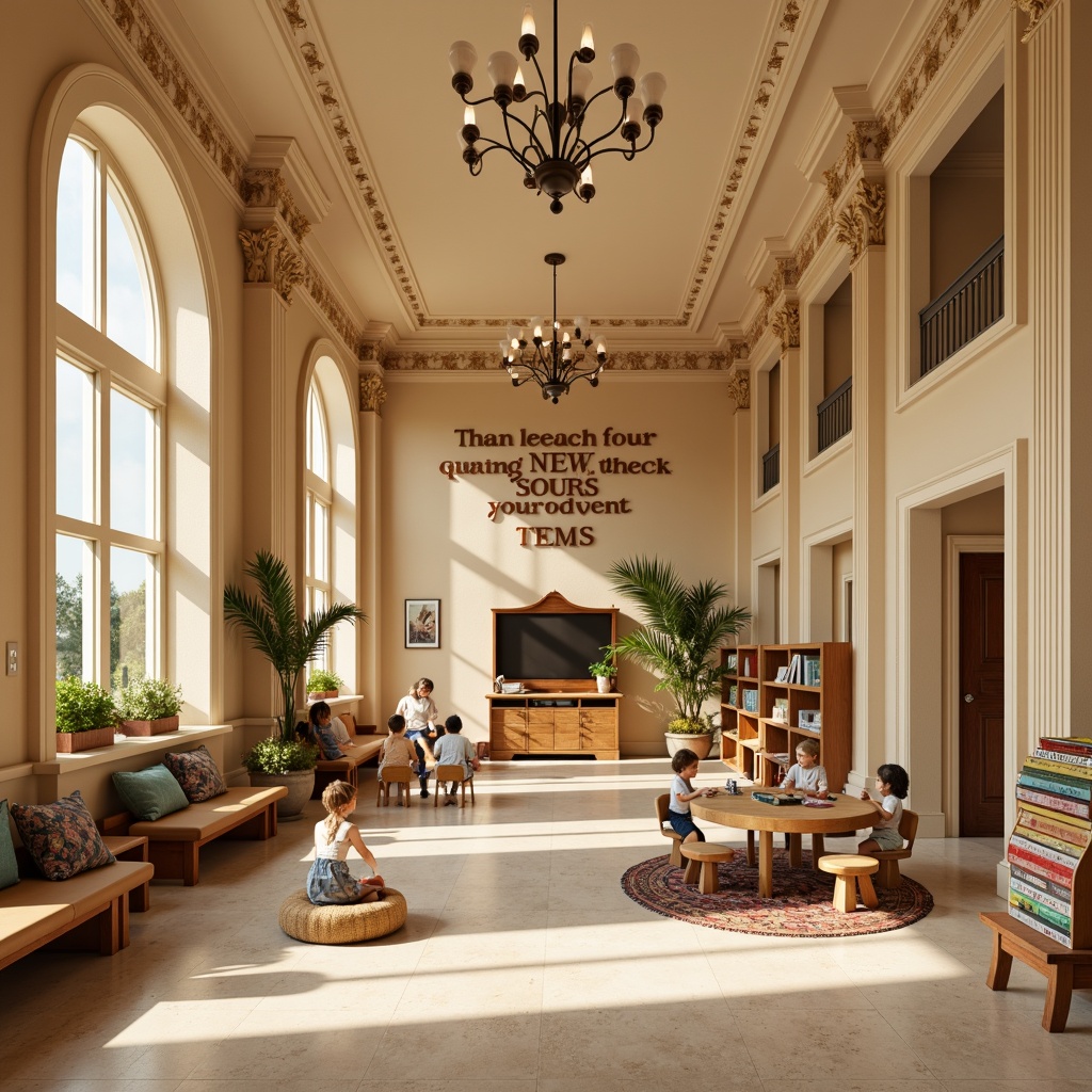 Prompt: Elegant kindergarten interior, warm beige walls, soft cream flooring, ornate wooden furniture, classic columns, intricate moldings, vintage-inspired lighting fixtures, cozy reading nooks, plush area rugs, natural wood accents, decorative archways, spacious classrooms, educational display shelves, colorful child-sized tables, comfortable cushioned chairs, inspirational quotes, gentle warm lighting, shallow depth of field, 1/1 composition, realistic textures, ambient occlusion.