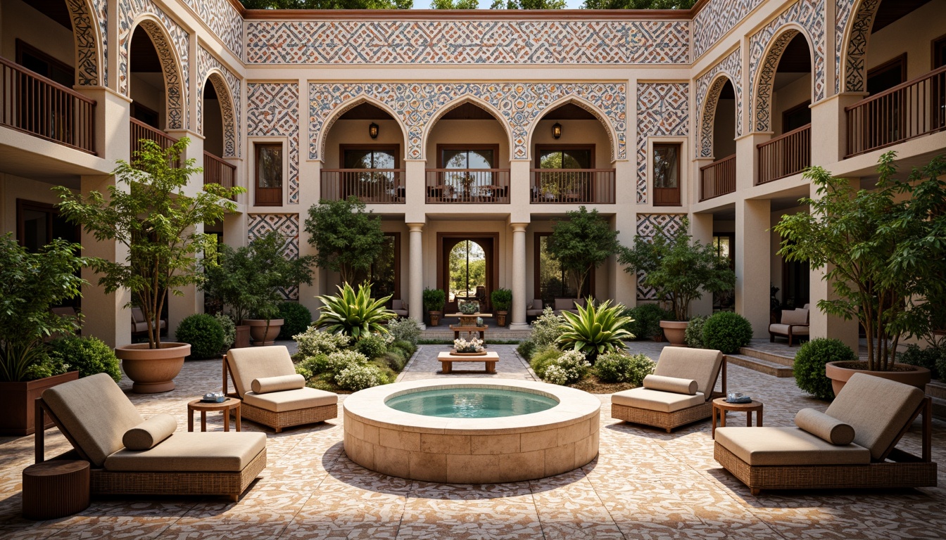 Prompt: Intricate Islamic geometries, vibrant Moroccan tiles, colorful Indian block prints, African kente cloth patterns, woven bamboo textures, natural jute fibers, eclectic global inspirations, cultural heritage revival, modern architectural facades, ornate decorative accents, luxurious upholstery fabrics, sophisticated interior design elements, grand atrium spaces, open-air courtyards, warm natural lighting, soft shadow effects, 1/2 composition, detailed close-ups, realistic fabric renderings.