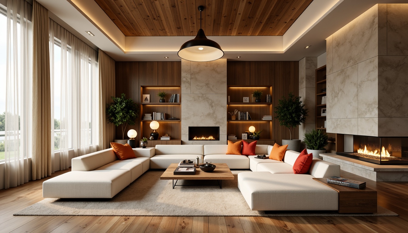 Prompt: Luxurious living room, warm beige walls, rich wood flooring, plush sectional sofas, modern minimalist coffee tables, statement lighting fixtures, floor-to-ceiling windows, sheer curtains, elegant pendant lamps, cozy reading nooks, vibrant colorful throw pillows, natural stone fireplaces, sleek metal accents, ambient soft lighting, 1/2 composition, realistic textures, shallow depth of field.