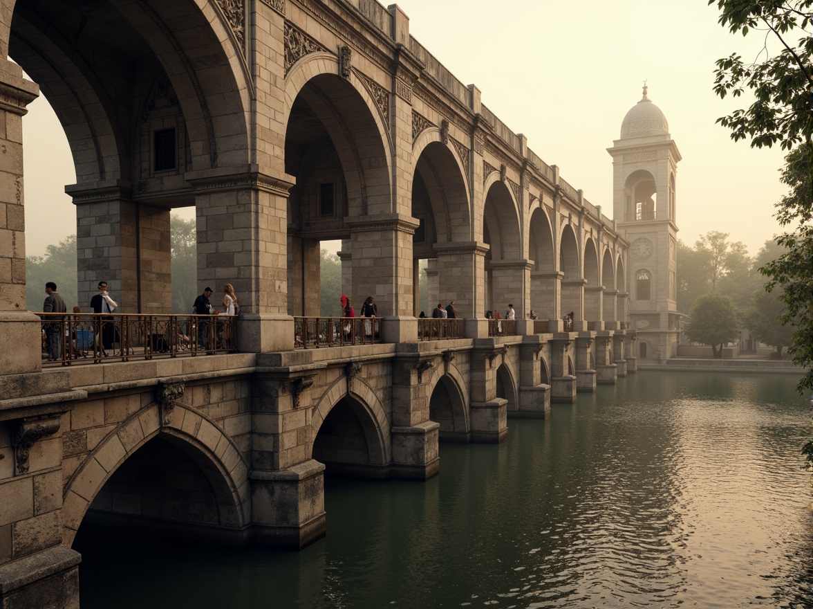 Prompt: Ancient stone bridge, Byzantine arches, ornate carvings, rusticated stonework, weathered limestone, granite pillars, majestic piers, tranquil water reflections, misty morning atmosphere, soft warm lighting, shallow depth of field, 3/4 composition, symmetrical balance, intricate stone patterns, ornamental metal railings, historic architectural details, atmospheric perspective, realistic textures, ambient occlusion.