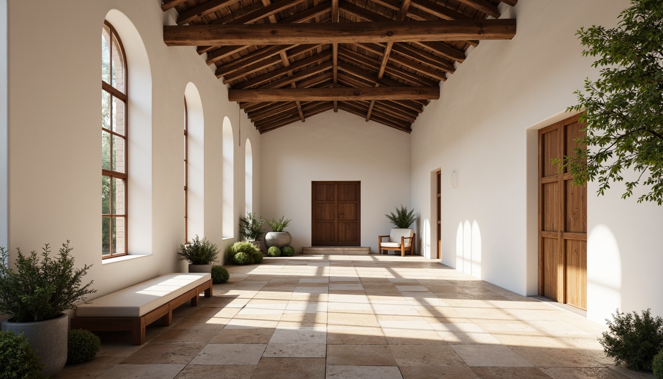 Prompt: Serene monastery courtyard, minimalist Bauhaus architecture, large windows, clerestory lighting, natural stone floors, whitewashed walls, simple furnishings, rustic wooden doors, vaulted ceilings, soft warm light, subtle shadows, 1/1 composition, intimate atmosphere, realistic textures, ambient occlusion.