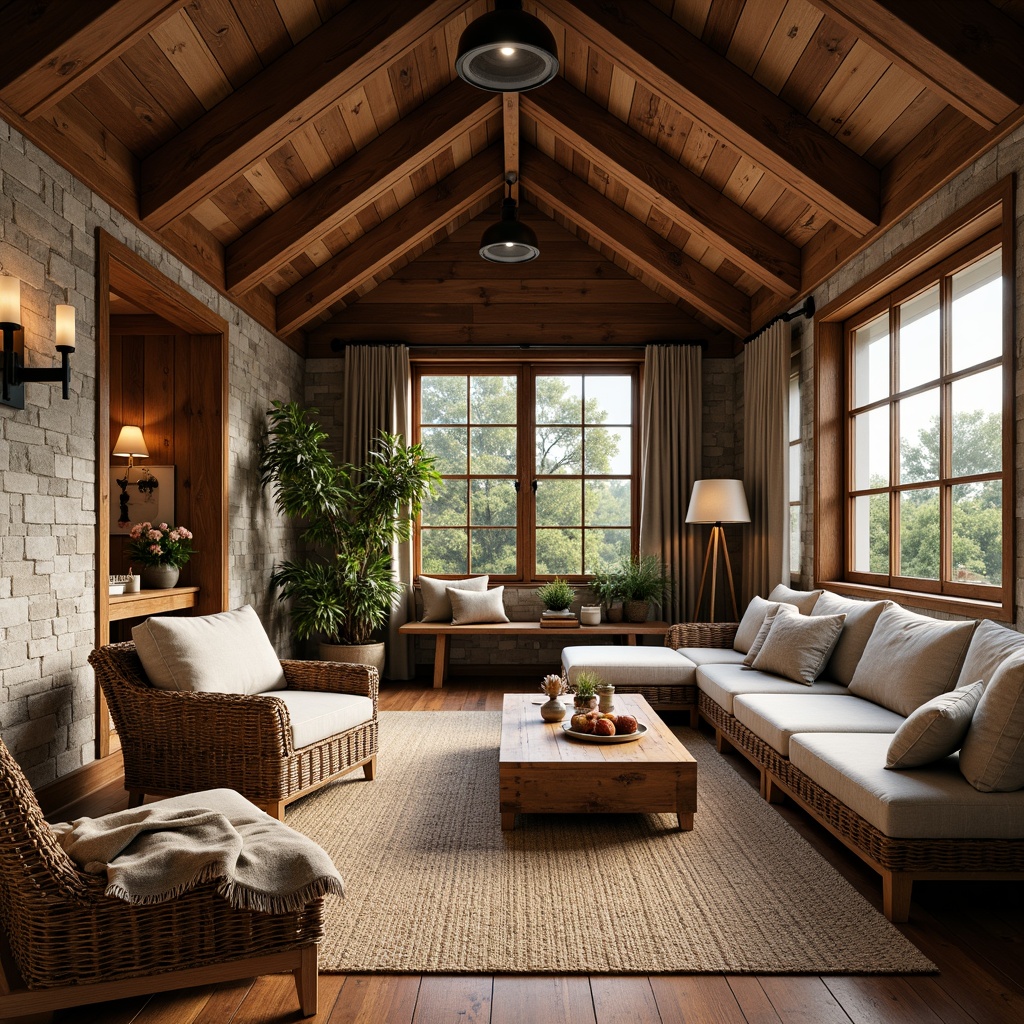 Prompt: Rustic cabin, reclaimed wood accents, natural stone walls, earthy color palette, woven wicker furniture, jute rugs, potted plants, wooden beams, vaulted ceiling, large windows, soft warm lighting, cozy atmosphere, 3/4 composition, shallow depth of field, realistic textures, ambient occlusion.