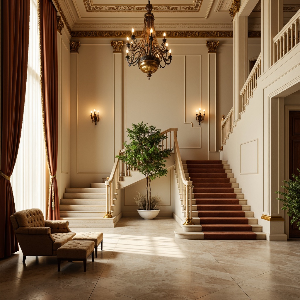 Prompt: Elegant columns, ornate moldings, grand staircases, marble flooring, rich velvet fabrics, warm beige tones, soft golden lighting, subtle shading, 1/2 composition, shallow depth of field, realistic textures, ambient occlusion, neutral background, cream-colored walls, ornamental patterns, intricate details, luxurious materials, antique furniture, sophisticated atmosphere, vintage accents.