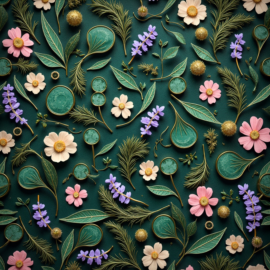 Prompt: Intricate floral patterns, ornate curves, luxurious gold accents, rich jewel tones, emerald green, sapphire blue, amethyst purple, velvety soft pastels, iridescent sheens, subtle gradient effects, whimsical illustrations, organic shapes, natural forms, vintage elegance, opulent textures, mystical ambiance, warm golden lighting, shallow depth of field, 1/1 composition, realistic renderings, detailed ornaments.