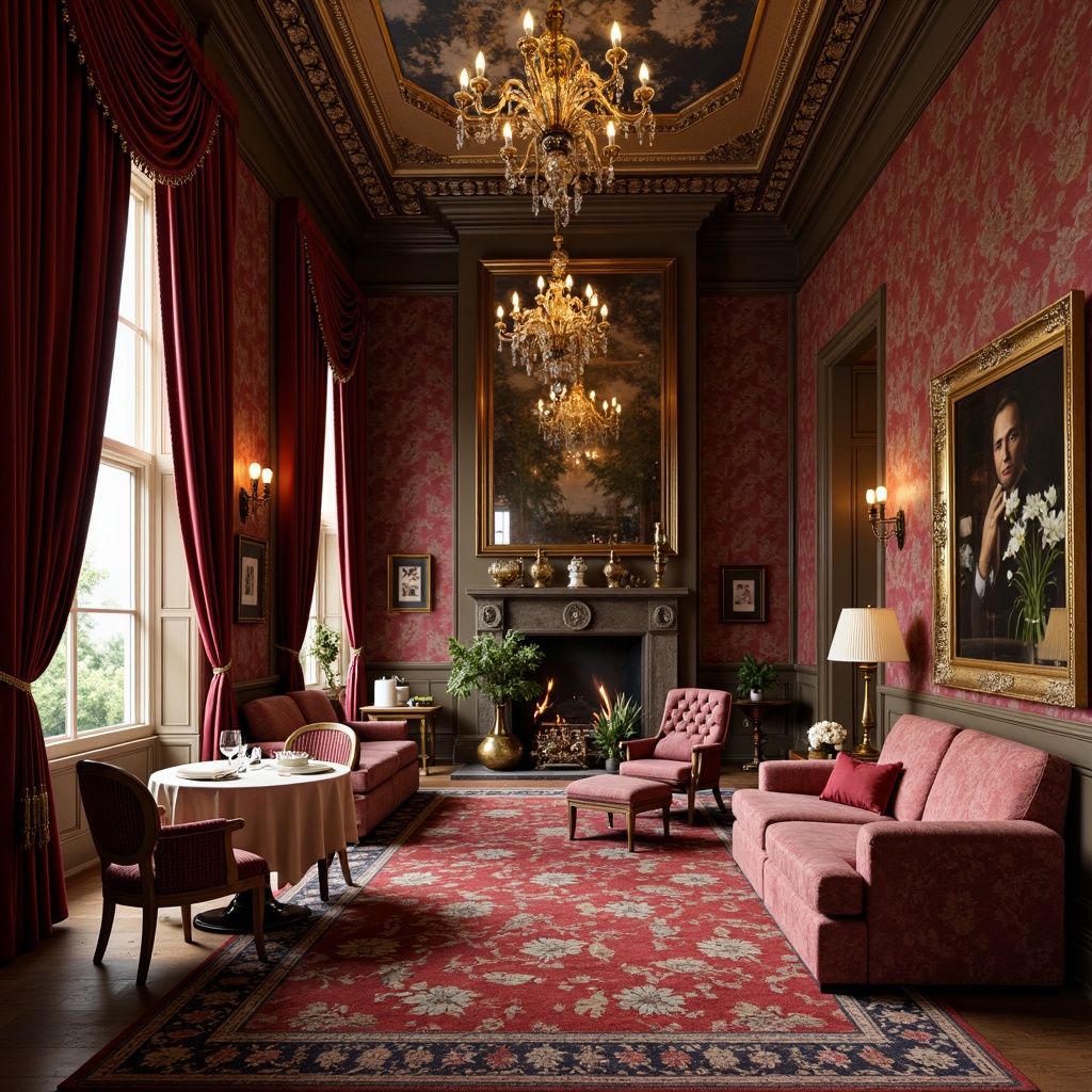 Prompt: Rich velvet fabrics, subtle sheen, jewel-toned colors, ornate patterns, classic florals, luxurious drapery, stately furniture, carved wooden accents, gilded frames, opulent chandeliers, grandiose mirrors, elegant proportions, refined details, sophisticated ambiance, warm golden lighting, soft focus, 1/1 composition, realistic textures, atmospheric perspective.