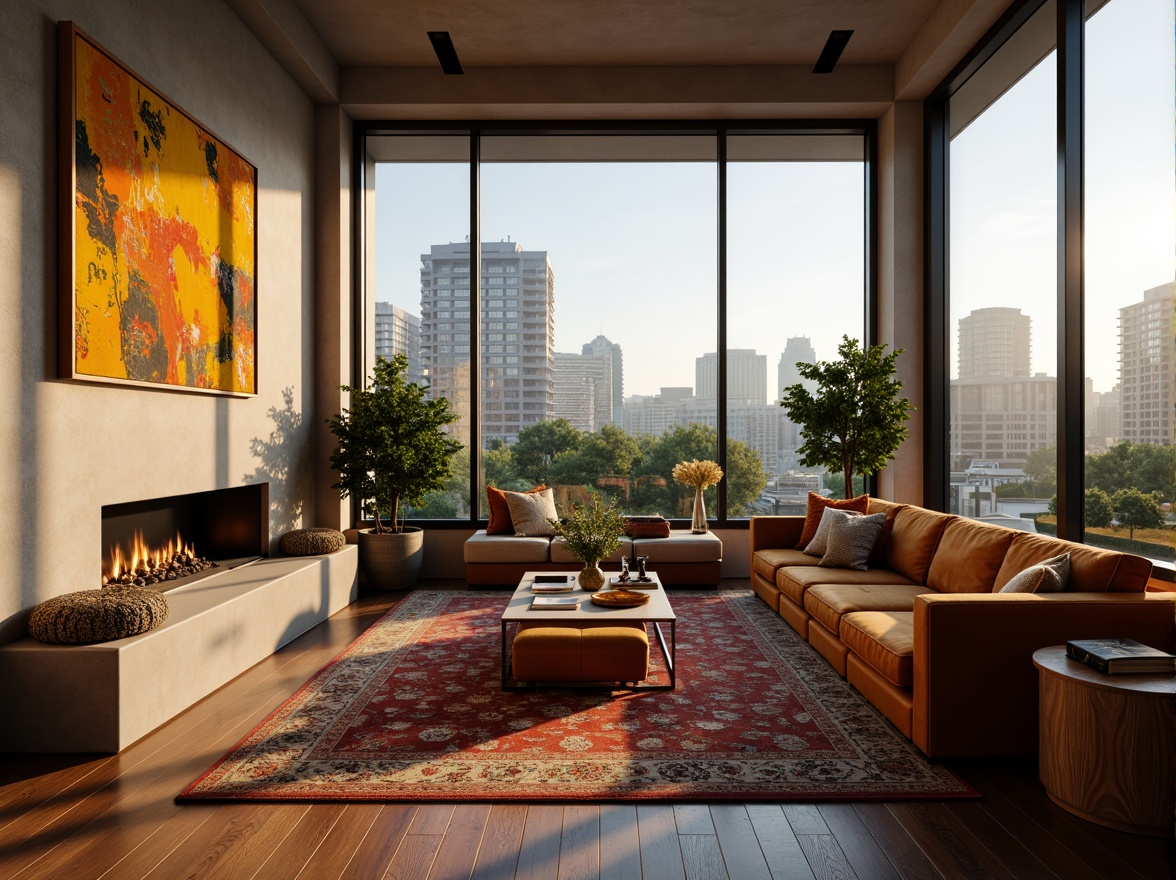 Prompt: Inspirational living room, cozy fireplace, plush velvet sofas, abstract artwork, warm golden lighting, natural wood flooring, minimalist decor, modern sleek lines, large floor-to-ceiling windows, panoramic city views, lush greenery, vibrant colorful rugs, eclectic decorative accents, inviting reading nooks, ambient soft music, 1/1 composition, realistic textures, shallow depth of field.