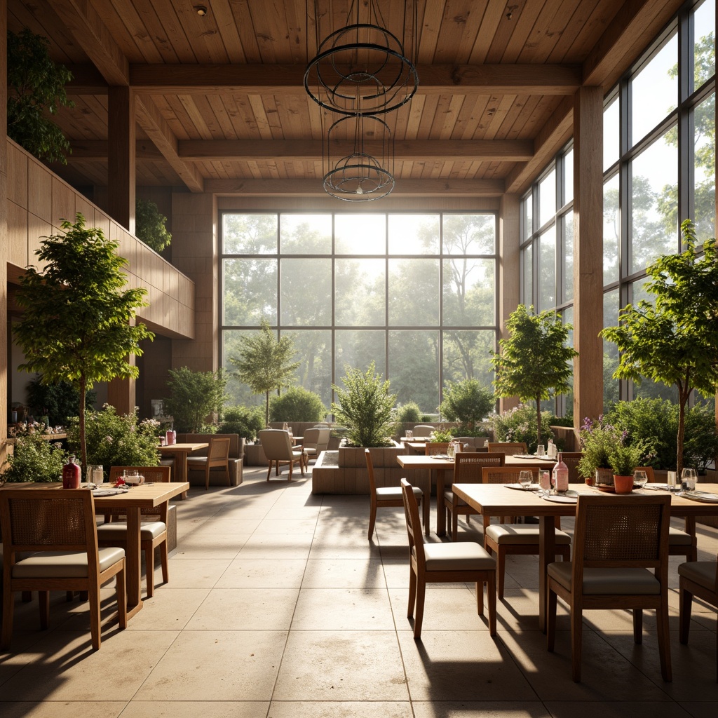 Prompt: Spacious dining hall, high ceilings, large windows, natural light pouring in, warm ambiance, wooden tables, comfortable chairs, soft cushions, elegant chandeliers, subtle wall textures, earthy color palette, organic shapes, minimalist decor, abundant greenery, potted plants, fresh flowers, morning sunlight, gentle shadows, 1/1 composition, realistic reflections, ambient occlusion.