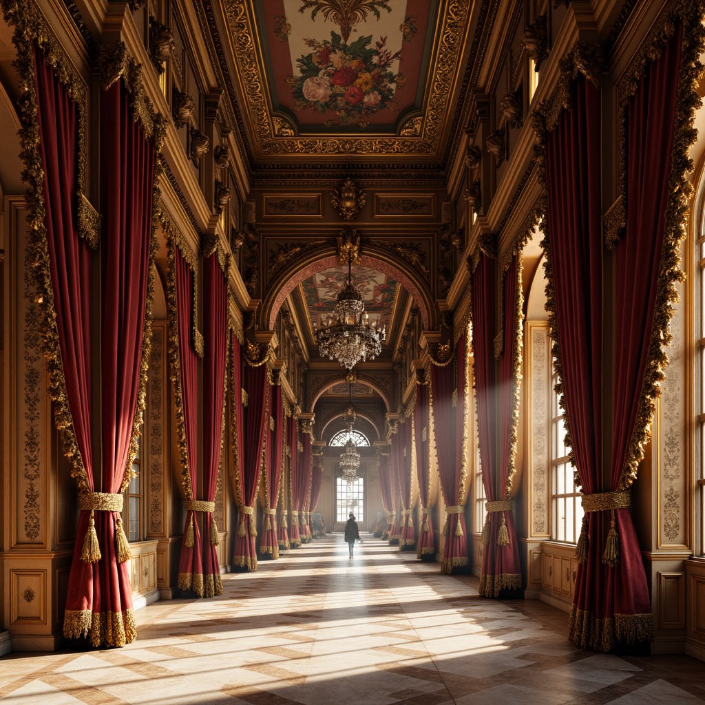 Prompt: Grandiose palace, ornate facades, intricately carved wooden shutters, lavish drapery, velvet curtains, golden tassels, opulent fabrics, rich embroidery, regal patterns, majestic crowns, Baroque-inspired valances, flowing silk drapes, delicate lace trimmings, soft warm lighting, shallow depth of field, 3/4 composition, panoramic view, realistic textures, ambient occlusion.