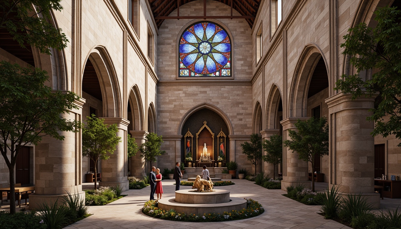 Prompt: Intricate stone carvings, ornate Gothic arches, grandiose rose windows, vibrant stained glass, ornamental turrets, majestic bell towers, rustic brick fa\u00e7ades, weathered stone walls, moss-covered statues, serene courtyards, soft warm lighting, dramatic chiaroscuro, 1/1 composition, symmetrical framing, high-angle shot, realistic textures, ambient occlusion.This prompt includes the main subject (church), its style (Romanticism), and descriptive features such as architectural elements, materials, textures, and lighting. It also provides a sense of atmosphere and mood through the use of adjectives like \intricate\, \ornate\, \grandiose\, and \serene\.