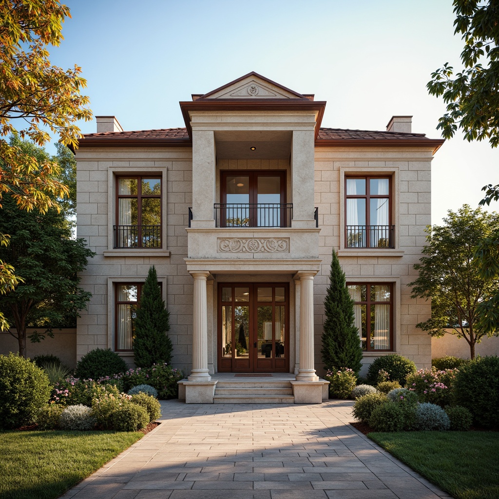 Prompt: Elegant mansion, luxurious facade, marble cladding, bronze accents, grand entrance, symmetrical composition, ornate details, rich wood tones, sophisticated color palette, natural stone walls, manicured lawns, vibrant flower beds, majestic trees, warm sunny day, soft golden lighting, shallow depth of field, 1/1 composition, realistic textures, ambient occlusion.