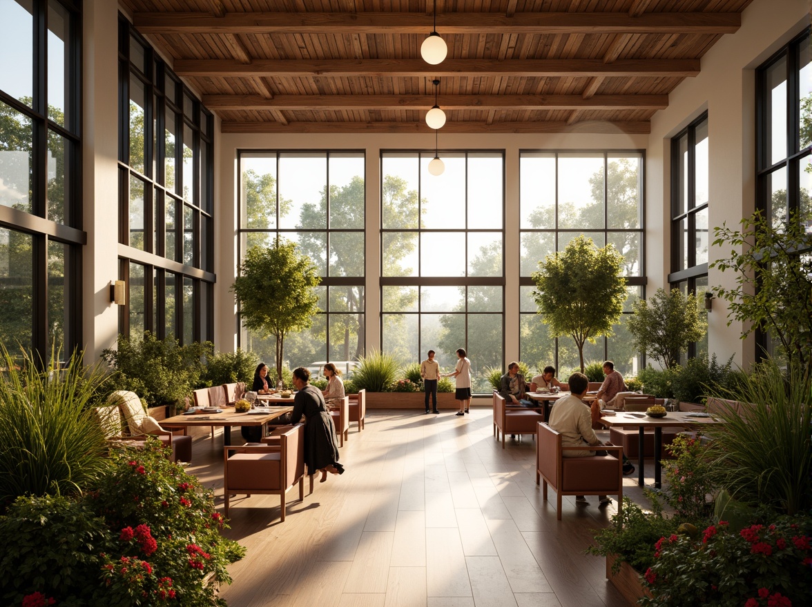 Prompt: Spacious dining hall, high ceilings, large windows, natural light pouring in, warm wooden flooring, minimalist decor, elegant chandeliers, cozy seating areas, lush greenery, vibrant flowers, soft warm lighting, shallow depth of field, 3/4 composition, panoramic view, realistic textures, ambient occlusion.