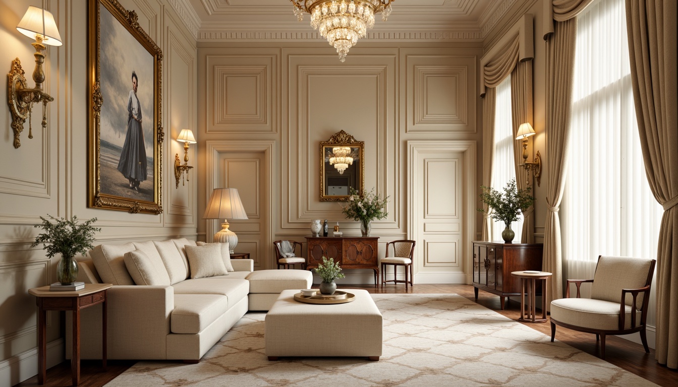 Prompt: Elegant classicism style, soft beige walls, ornate golden frames, rich velvet fabrics, subtle cream accents, refined dark wood furniture, luxurious crystal chandeliers, intricate marble patterns, symmetrical compositions, warm natural lighting, shallow depth of field, 1/1 composition, realistic textures, ambient occlusion, serene atmosphere, quiet elegance.