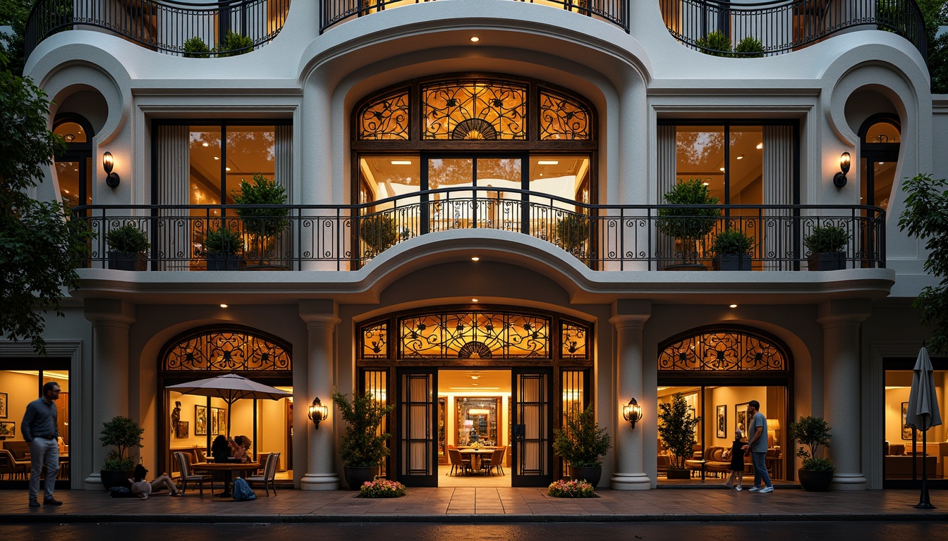 Prompt: Ornate facade, sinuous lines, flowing curves, organic forms, luxurious materials, golden accents, grand entrance, ornamental ironwork, stained glass windows, curved balconies, foliate motifs, asymmetrical composition, warm soft lighting, atmospheric depth of field, 1/2 composition, realistic textures, ambient occlusion, vibrant colorful patterns, intricate geometric details.