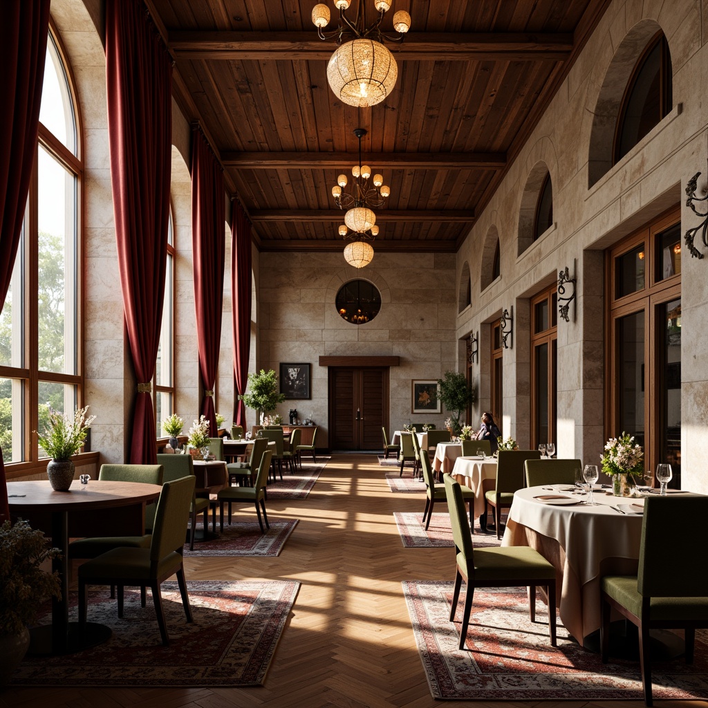 Prompt: Elegant dining hall, luxurious chandeliers, polished wooden floors, textured stone walls, plush velvet drapes, sophisticated furniture designs, ornate metal decorations, refined ceramic vases, intricate patterned rugs, soft warm lighting, dramatic shadows, 1/1 composition, realistic reflections, ambient occlusion.