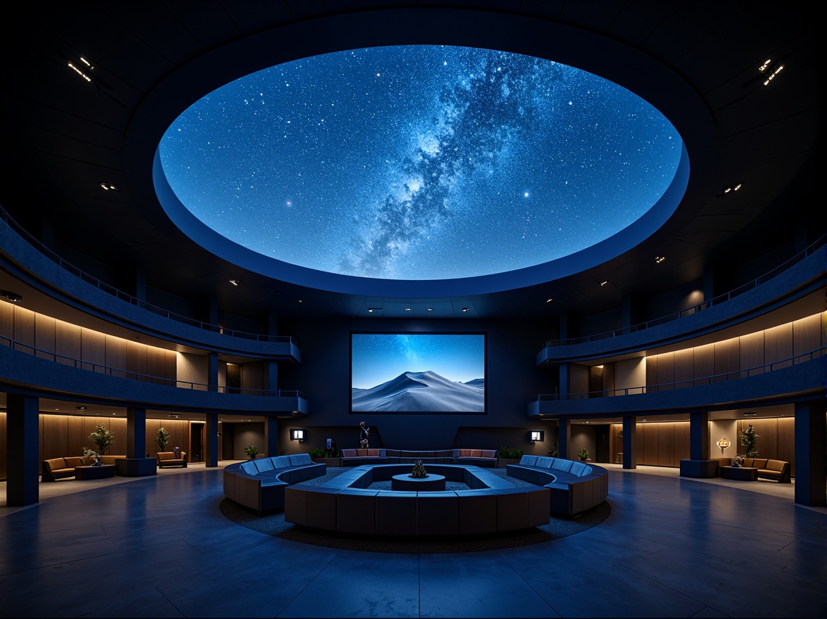 Prompt: Cosmic planetarium interior, dark blue ceiling, twinkling star lights, circular seating arrangement, dome-shaped projection screen, surround sound speakers, acoustic panels, sound-absorbing materials, minimalist decor, futuristic ambiance, soft warm lighting, shallow depth of field, 1/1 composition, realistic textures, ambient occlusion.