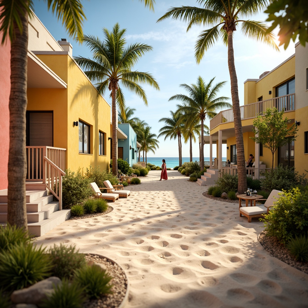 Prompt: Vibrant beachside villas, warm sandy dunes, swaying palm trees, turquoise ocean views, coral-inspired facades, pastel-colored stucco walls, driftwood accents, nautical rope details, sunny afternoon light, soft focus blur, 1/2 composition, intimate framing, warm golden lighting, realistic wood textures, ambient occlusion.