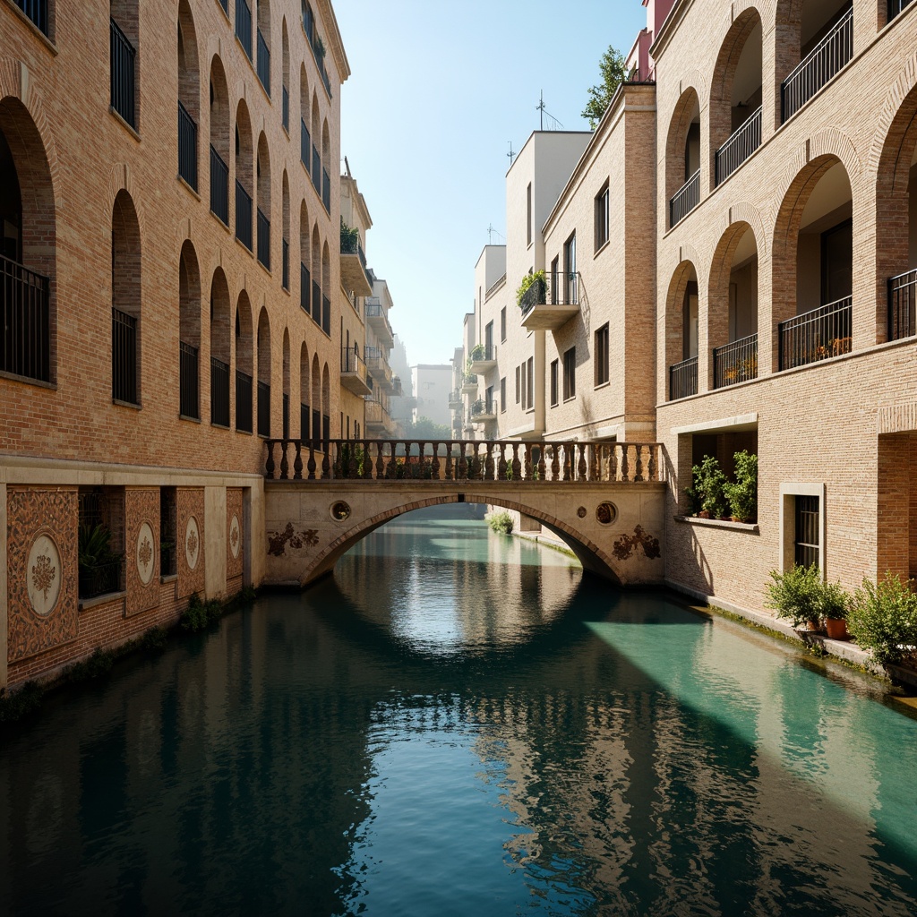 Prompt: Ancient Byzantine bridge, warm beige stone arches, rustic brick facades, ornate golden accents, intricate mosaic patterns, deep blue waters, misty morning fog, soft natural light, warm sunlight reflections, rich terracotta roofs, ornamental metal railings, grandiose architectural details, symmetrical composition, 1/2 perspective view, high contrast lighting, atmospheric depth of field.