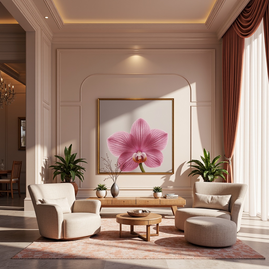 Prompt: Exquisite orchid-inspired mansion, lavish interior design, soft pastel hues, delicate petal-shaped furnishings, velvety smooth texture, intricate botanical patterns, elegant curved lines, luxurious drapery, subtle sheen finish, warm golden lighting, shallow depth of field, 1/2 composition, realistic render, atmospheric misting effect.