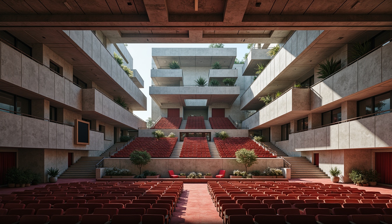 Prompt: Geometric auditorium, brutalist architecture, concrete walls, industrial materials, minimalist decor, functional design, avant-garde aesthetic, asymmetrical layout, dynamic lighting, vibrant color accents, rectangular seating, adjustable acoustic panels, suspended sound systems, diffused natural light, 3/4 composition, shallow depth of field, realistic textures, ambient occlusion.