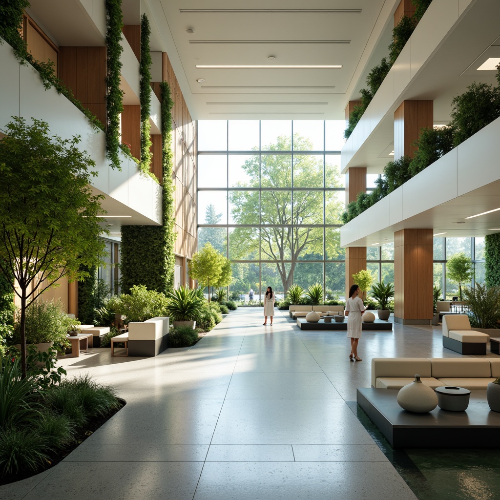 Prompt: Spacious hospital lobby, natural light pouring in, calming water features, lush green walls, comfortable seating areas, minimalistic design, circular nurse stations, private patient rooms, large windows overlooking gardens, warm wood accents, soft pastel colors, ambient lighting, shallow depth of field, 1/1 composition, realistic textures, serene atmosphere, modern medical equipment, futuristic diagnostic tools, interactive health education displays, calming nature sounds, gentle air circulation systems.