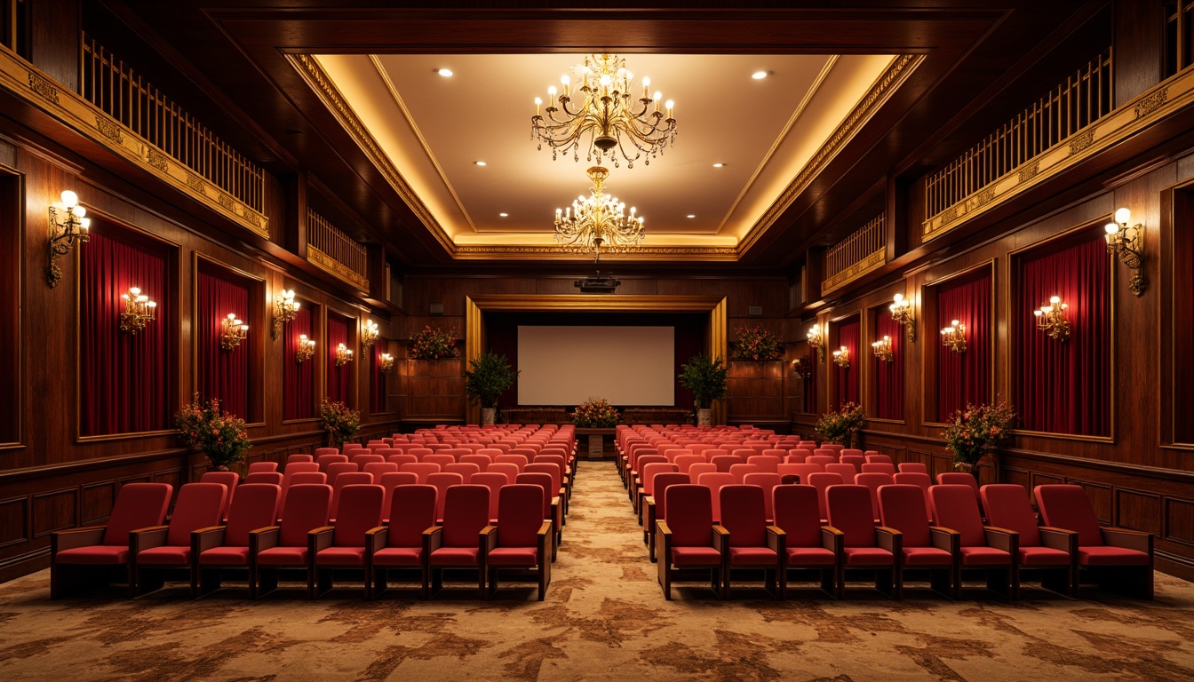 Prompt: Luxurious auditorium, rich velvet drapes, gold accents, elegant chandeliers, plush red seats, sophisticated dark wood paneling, warm beige carpets, dramatic spotlights, softbox lighting, 3/4 composition, shallow depth of field, cinematic atmosphere, ornate architectural details, intricate molding, lavish decorative elements.