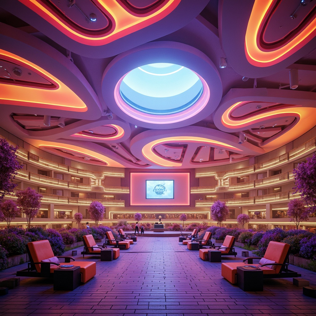 Prompt: Vibrant postmodern amphitheater, bold geometric patterns, bright neon lights, iridescent hues, pastel shades, metallic accents, sleek curves, angular lines, futuristic architecture, retro-futuristic elements, bold typography, abstract shapes, gradient colors, 3D modeling, low-poly aesthetic, atmospheric fog, misty ambiance, warm golden lighting, shallow depth of field, 1/1 composition, cinematic camera angles.Please let me know if this meets your requirements!