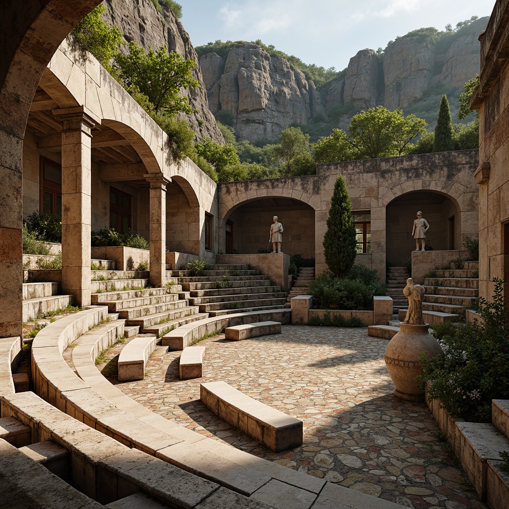 Prompt: Ancient Greek amphitheater, weathered stone walls, rustic concrete seating, worn wooden benches, ornate marble columns, vibrant mosaic flooring, natural rock formations, lush greenery, cascading water features, dramatic spotlights, warm golden lighting, shallow depth of field, 3/4 composition, panoramic view, realistic textures, ambient occlusion.