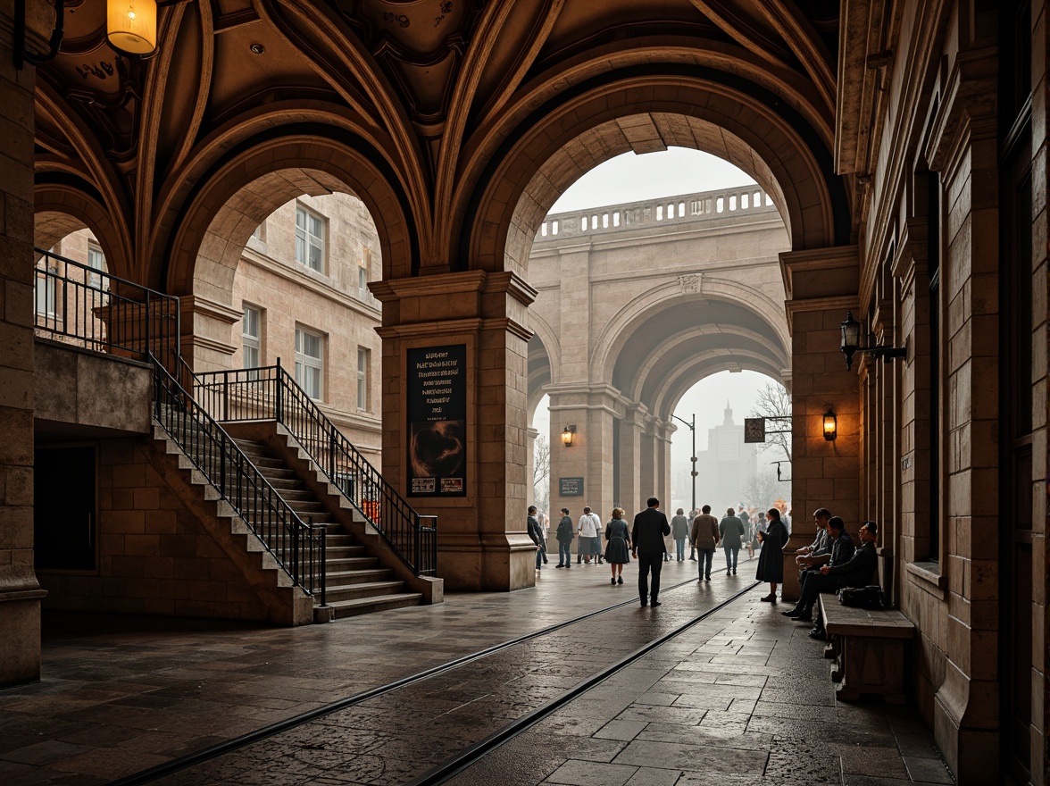 Prompt: Intricate arches, Romanesque tram station, ornate stone carvings, vaulted ceilings, grand staircases, wrought iron railings, rustic brick walls, earthy color palette, warm ambient lighting, soft shadows, 1/2 composition, shallow depth of field, realistic textures, atmospheric fog, busy urban atmosphere, morning commute, subtle camera movements.