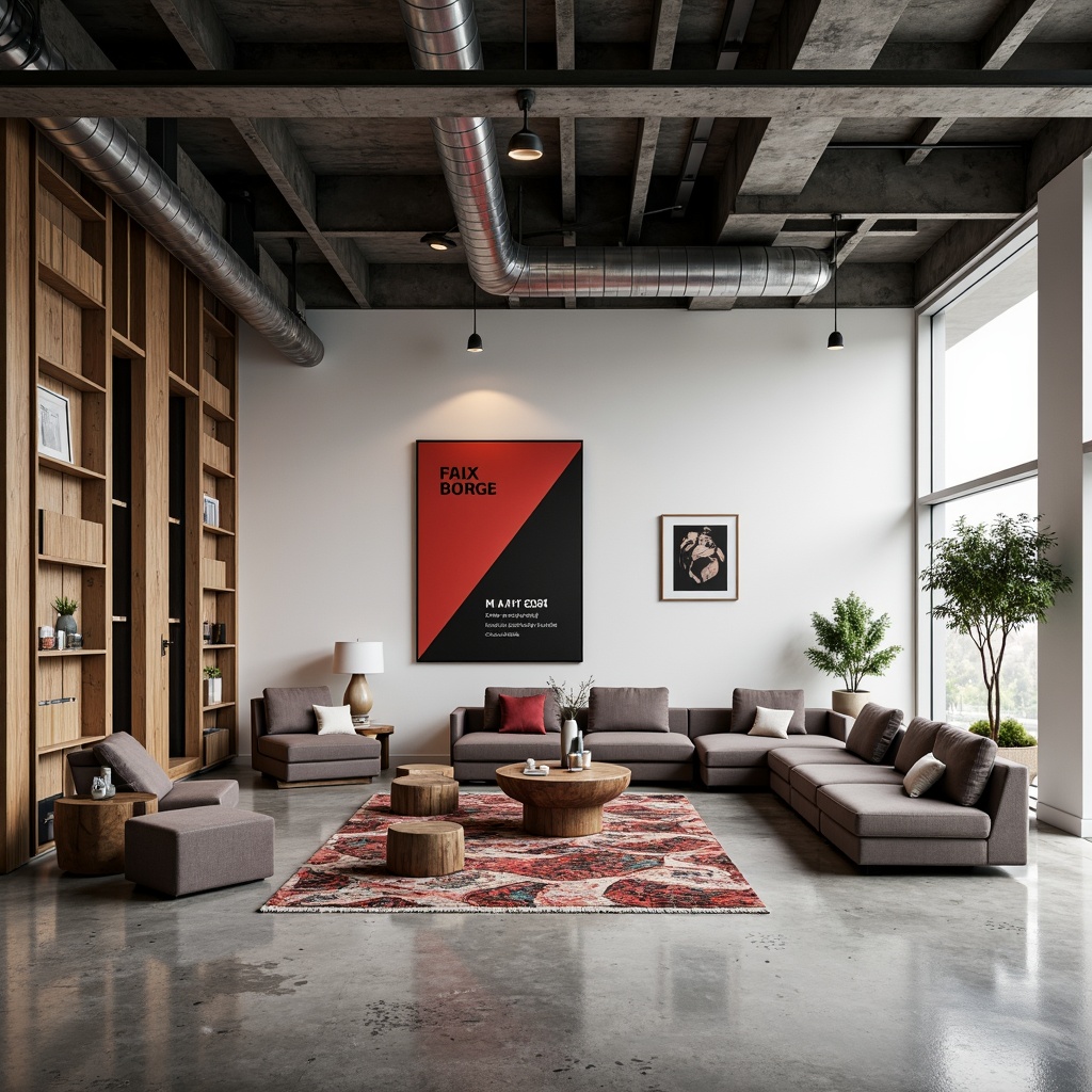 Prompt: Minimalist interior, industrial chic, concrete floors, metal beams, functional furniture, geometric shapes, primary color accents, bold typography, eclectic artwork, avant-garde sculptures, sleek lines, rectangular forms, low-pile rugs, modernist lighting fixtures, pendant lamps, adjustable armchairs, modular sofas, ergonomic stools, reclaimed wood coffee tables, brutalist decor, abstract patterns, natural textiles, 1/2 composition, high-contrast lighting, realistic renderings.