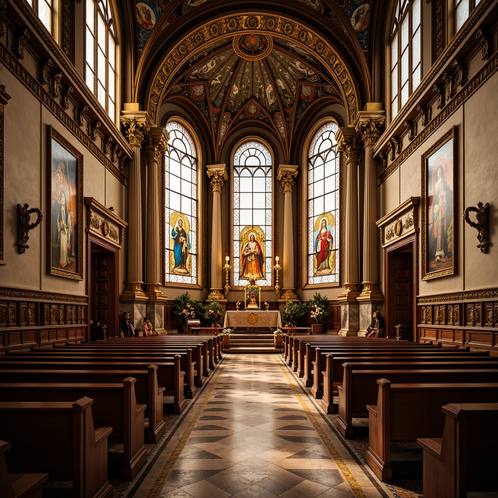 Prompt: Elegant church interior, ornate altar, intricately carved wooden pews, stained glass windows, vibrant religious murals, ornamental metalwork, gilded accents, geometric patterns, chevron designs, zigzag motifs, lavish chandeliers, opulent drapery, luxurious textiles, sophisticated color palette, warm golden lighting, high contrast ratio, 1/2 composition, symmetrical framing, detailed ornaments, realistic materials, ambient occlusion.