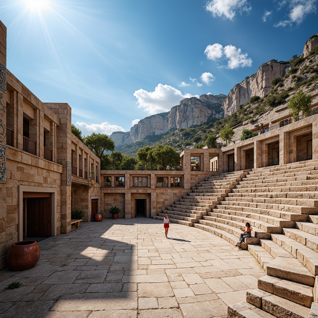 Prompt: Ancient Greek amphitheater, tiered seating, worn stone steps, rough-hewn limestone walls, rustic wooden benches, weathered copper accents, ornate marble columns, intricate mosaic patterns, natural rock formations, Mediterranean landscape, bright blue sky, warm sunny day, dramatic lighting, deep shadows, 3/4 composition, symmetrical architecture, atmospheric perspective, detailed textures, ambient occlusion.