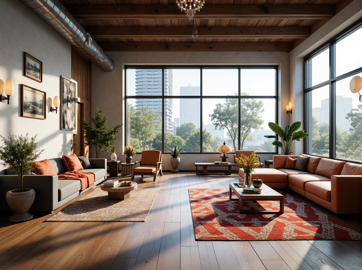 Prompt: Inspiring interior space, modern minimalist decor, sleek wooden floors, floor-to-ceiling windows, abundant natural light, airy open layout, comfortable plush furniture, vibrant colorful accents, geometric patterned rugs, elegant chandeliers, soft warm lighting, shallow depth of field, 3/4 composition, realistic textures, ambient occlusion, spacious high ceilings, urban loft atmosphere, industrial chic elements, reclaimed wood features, metallic decorative details.