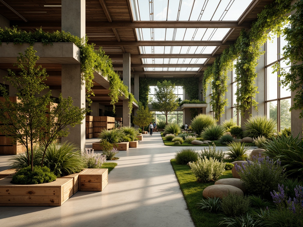 Prompt: Natural light-filled warehouse, lush green walls, living roofs, wooden crates, reclaimed wood accents, earthy color palette, organic textures, curved lines, open spaces, minimalist decor, energy-efficient systems, solar panels, rainwater harvesting systems, native plant species, calm ambiance, soft warm lighting, shallow depth of field, 3/4 composition, realistic renderings, ambient occlusion.