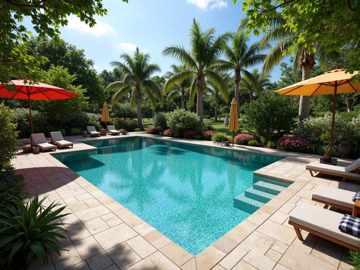 Prompt: Sparkling swimming pool, turquoise water, surrounding tropical landscape, lush greenery, vibrant flowers, natural stone coping, modern pool decking, sleek lounge chairs, colorful umbrellas, refreshing misting systems, warm sunny day, soft warm lighting, shallow depth of field, 3/4 composition, panoramic view, realistic textures, ambient occlusion.