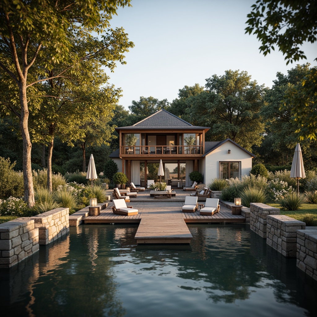 Prompt: Waterfront boathouse, wooden docks, serene lake views, lush greenery, natural stone walls, earthy tones, warm beige, soothing blues, calming whites, rustic wood accents, vintage nautical decorations, soft sunset lighting, shallow depth of field, 3/4 composition, realistic textures, ambient occlusion.