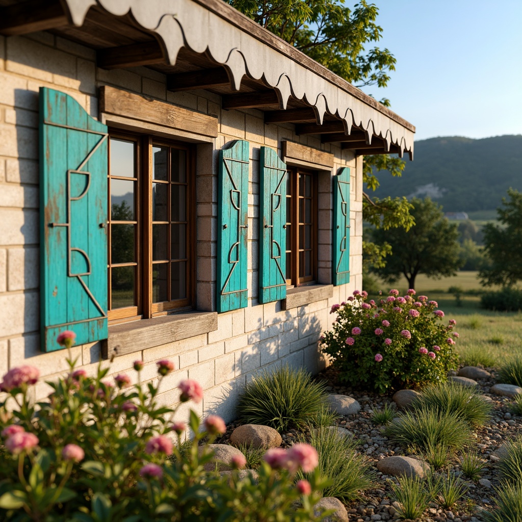 Prompt: Rustic rural landscape, rolling hills, traditional farmhouse, ornate Art Deco windows, geometric patterns, vibrant turquoise accents, wooden shutters, distressed brick walls, curved metal awnings, vintage decorative ironwork, lush greenery, blooming wildflowers, warm sunny day, soft natural lighting, shallow depth of field, 1/2 composition, realistic textures, ambient occlusion.