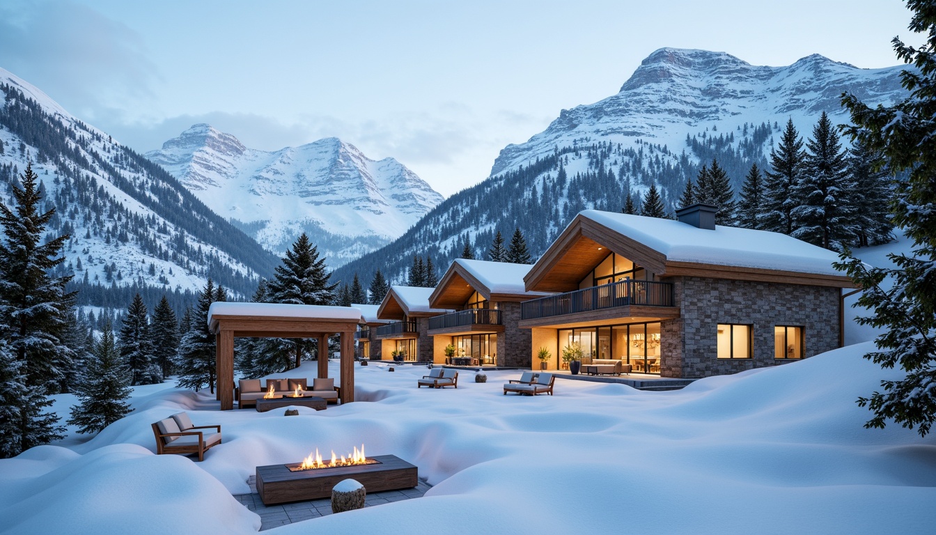 Prompt: Snow-capped mountains, wooden ski lodges, earthy tone buildings, natural stone walls, green roofs, solar panels, wind turbines, rustic wooden accents, cozy fireplaces, warm ambient lighting, snowflake patterns, frosty glass doors, icy blue color scheme, Scandinavian-inspired furniture, minimalist decor, eco-friendly materials, organic textures, shallow depth of field, 3/4 composition, panoramic view, realistic snow effects, misty atmosphere.