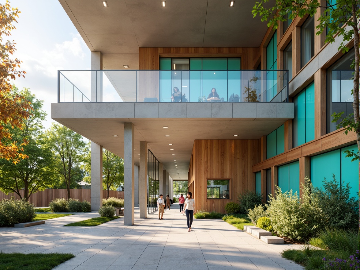 Prompt: Modern office building, sleek glass fa\u00e7ade, neutral beige walls, rich wood accents, polished metal fixtures, vibrant turquoise highlights, calming greenery, natural stone floors, minimalist decorative elements, ample natural light, soft warm illumination, shallow depth of field, 3/4 composition, panoramic view, realistic textures, ambient occlusion.