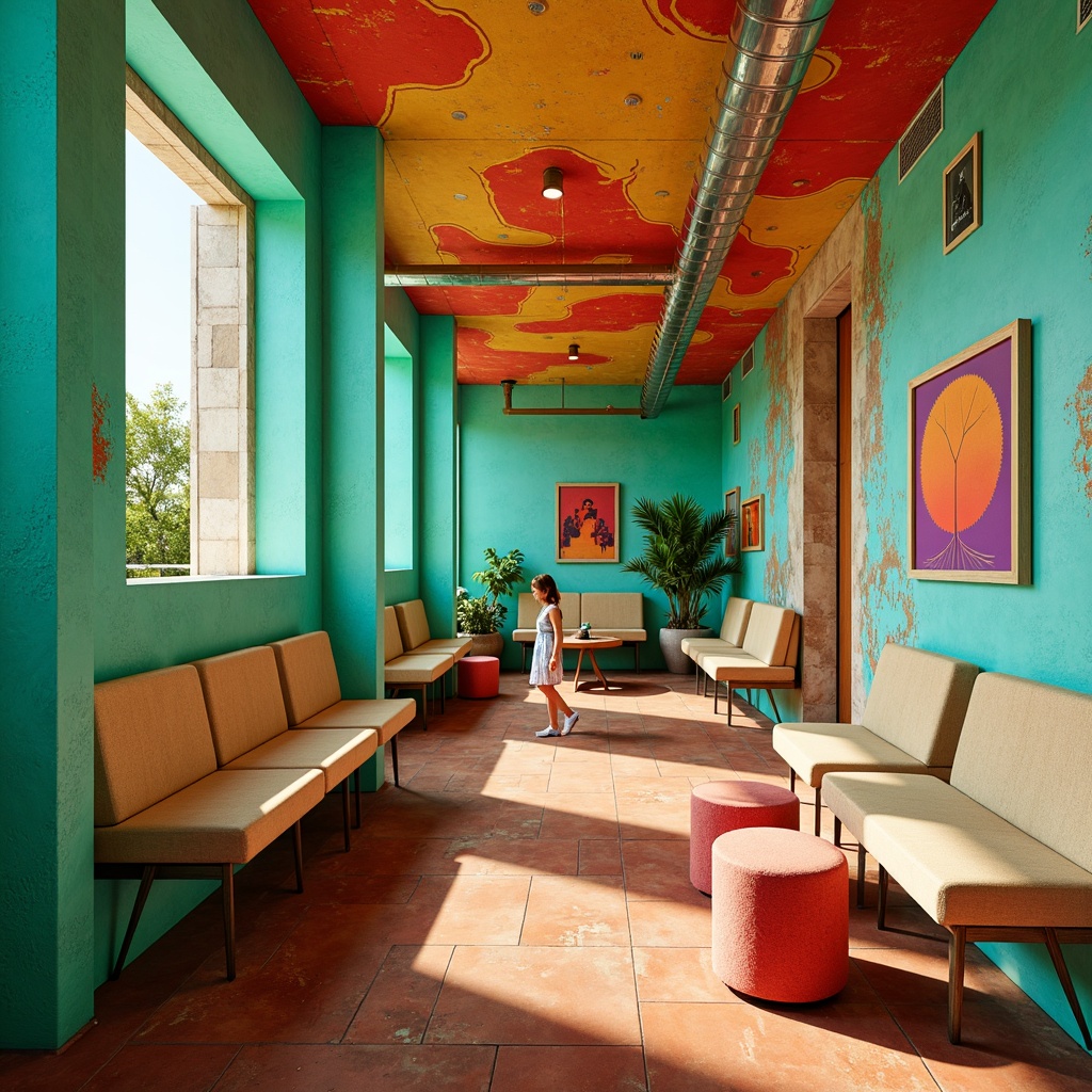 Prompt: Vibrant turquoise walls, warm beige stone seats, rich terracotta flooring, bold red accents, abstract geometric patterns, playful pastel hues, neon green highlights, distressed metallic textures, eclectic mix of matte and glossy finishes, sunset-inspired gradient skies, dramatic shadows, high-contrast lighting, futuristic architectural details, retro-futuristic ambiance.Note