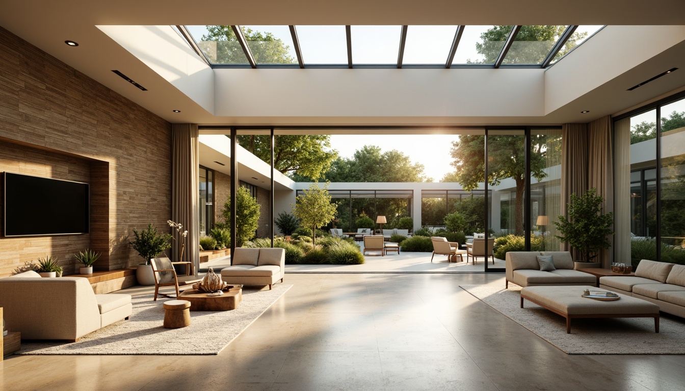 Prompt: Vibrant living room, floor-to-ceiling windows, sliding glass doors, clerestory windows, skylights, reflective surfaces, polished marble floors, minimalist interior design, natural stone walls, greenery-filled courtyard, sunny afternoon, soft warm lighting, shallow depth of field, 3/4 composition, panoramic view, realistic textures, ambient occlusion.