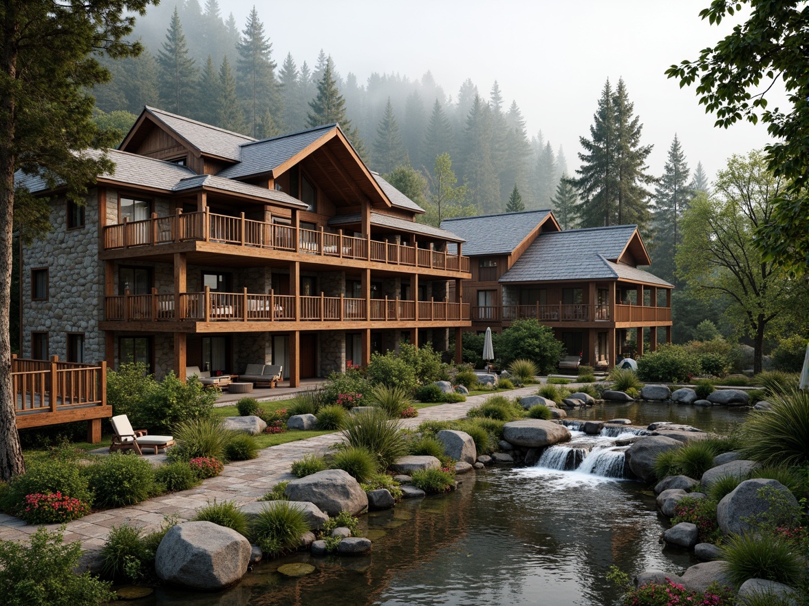 Prompt: Rustic mountain lodge, eclectic architecture, mixed stone and wood exterior, asymmetrical rooflines, sprawling decks, wooden railings, lush greenery, vibrant wildflowers, meandering pathways, natural rock formations, cascading water features, misty atmosphere, soft warm lighting, shallow depth of field, 1/2 composition, intimate focal length, realistic textures, ambient occlusion, earthy tone color palette, moss-covered stones, wooden accents, cozy outdoor seating areas.